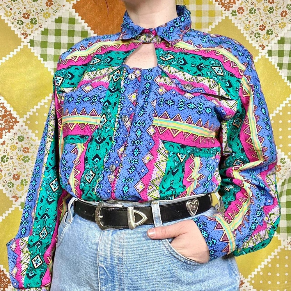 Vintage 90s pastel multicolored abstract stripes western long sleeve button up